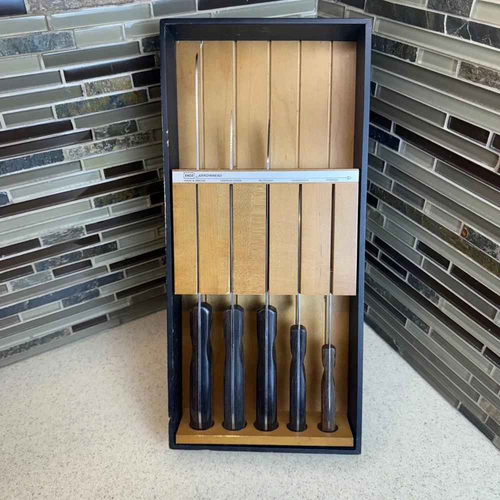 Vintage 1960s Ekco Arrowhead Knife Set 5 Piece Wood Handle USA Maple Wall Holder